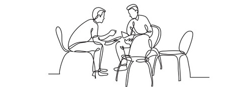 A line drawing of two people talking