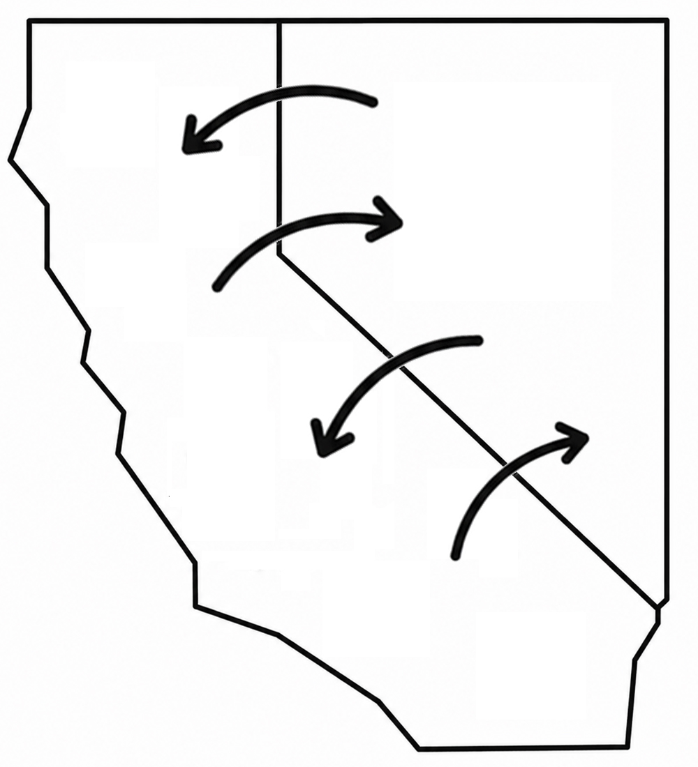 A rough map of California and Nevada with arrows crossing the border between them